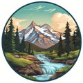 Mount Elbrus Landscape With Waterfall And Trees - Round Logo Image