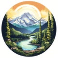 Mount Elbrus Landscape With Waterfall And Trees - Round Logo Image