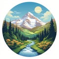 Mount Elbrus Landscape With Waterfall And Trees - Round Logo Image