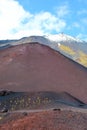 Mount Etna in Sicily, Italy captured from the Silvestri craters on a vertical photo with blue sky. The volcanic landscape