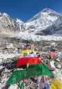 Mount Everest base camp with buddhist prayer flags Royalty Free Stock Photo