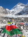 Mount Everest base camp with buddhist prayer flags Royalty Free Stock Photo