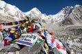Mount Everest base camp with rows of buddhist prayer flags Royalty Free Stock Photo