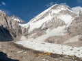 Mount Everest base camp yellow tents and prayer flags Royalty Free Stock Photo