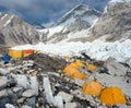 Mount Everest base camp yellow tents and prayer flags Royalty Free Stock Photo