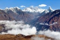 Mount Everest, Lhotse and Ama Dablam with Kongde village Royalty Free Stock Photo