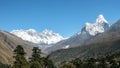 Mount Everest  Lhotse and Ama Dablam peaks with a clear blue sky   Tengboche  Nepal Royalty Free Stock Photo