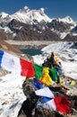 Mount Everest and Lhotse with buddhist prayer flags Royalty Free Stock Photo