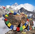 Mount Everest and Lhotse with buddhist prayer flags Royalty Free Stock Photo