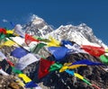 Mount Everest and Lhotse with buddhist prayer flags Royalty Free Stock Photo