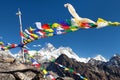 Mount Everest, Mt Lhotse, Makalu, buddhist prayer flags Royalty Free Stock Photo