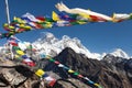 Mount Everest, Mt Lhotse, Makalu, buddhist prayer flags Royalty Free Stock Photo