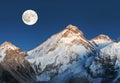 Mount Everest, night view with moon, Nepal Himalaya Royalty Free Stock Photo