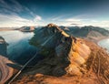 Mount Eystrahorn with Krossasnesfjall mountain range and sunlight shining on coastline in summer at Iceland Royalty Free Stock Photo