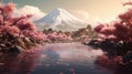 Mount fuji and billowing scattered sakura petals