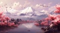 Mount fuji and billowing scattered sakura petals