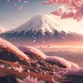 Mount Fuji and billowing scattered sakura petals