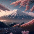 Mount Fuji and billowing scattered sakura petals