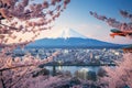 Mount Fuji and Cherry Blossom at Kawaguchiko lake in Japan, Aerial view of Tokyo cityscape with Mount Fuji in Japan, AI Generated Royalty Free Stock Photo
