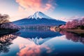 Mount Fuji and Cherry Blossom at Kawaguchiko lake in Japan, A beautiful scenic landscape of Mount Fuji or Fujisan with reflection Royalty Free Stock Photo