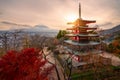 Mount Fuji and Chureito Pagoda at sunrise in autumn, Japan