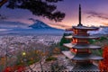 Mount Fuji and Chureito Pagoda at sunset in autumn, Japan Royalty Free Stock Photo