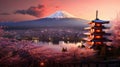 Mount Fuji and Chureito pagoda at sunset, japan in the spring with cherry blossoms. Mountain Fuji. Generetive Ai Royalty Free Stock Photo