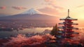 Mount Fuji and Chureito pagoda at sunset, japan in the spring with cherry blossoms. Mountain Fuji. Generetive Ai Royalty Free Stock Photo