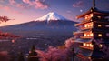 Mount Fuji and Chureito pagoda at sunset, japan in the spring with cherry blossoms. Mountain Fuji. Generetive Ai Royalty Free Stock Photo