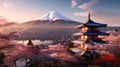 Mount Fuji and Chureito pagoda at sunset, japan in the spring with cherry blossoms. Mountain Fuji. Generetive Ai Royalty Free Stock Photo