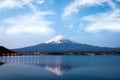 Mount Fuji at dusk near Lake Kawaguchi in Japan