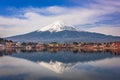 Mount Fuji at dusk near Lake Kawaguchi in Yamanashi Prefecture, Japan Royalty Free Stock Photo