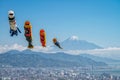 Mount Fuji with flag carp Royalty Free Stock Photo