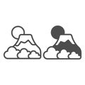 Mount Fuji with fog, sun and snow, volcano line and solid icon, asian culture concept, mountain vector sign on white