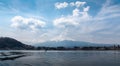 Mount Fuji Fujisan in midday from the boat at Kawaguchigo lake w Royalty Free Stock Photo