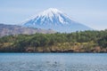 Mount Fuji from lake Saiko with gooses in spring