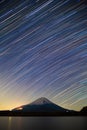 Mount Fuji, Lake Shojiko and star trails of winter stars