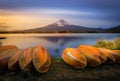 Mount Fuji and Lake Shojiko at sunrise in Japan.