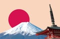 Mount Fuji Mt. Fuji and Chureito Pagoda with red rising sun background. Royalty Free Stock Photo