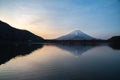 Mount Fuji or Mt. Fuji, the World Heritage, view at Lake Shoji Shojiko in the morning. Royalty Free Stock Photo