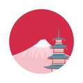 Mount Fuji and a pagoda in a red circle - symbols of Japan. Travel to Asia. Vector illustration Royalty Free Stock Photo