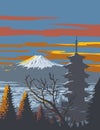 Mount Fuji And Pagoda In Winter Honshu Japan WPA Art Deco Poster