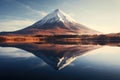 Mount Fuji reflected in Lake Yamanaka, Yamanashi, Japan, Volcanic mountain in morning light reflected in calm waters of lake, AI