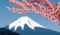 Mount Fuji and sakura branches - painted landscape of Japan. Blurred background, out of focus. Snow. Travel to Japan