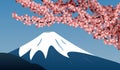Mount Fuji and sakura branches - painted landscape of Japan. Branches of pink cherry. Snow mountain. Travel to Japan