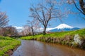 Mount Fuji, sakura trees and streams During the day with a clear sky in a rural area in Yamanashi prefecture