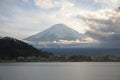 Mount Fuji seen from lake Kawaguchiko Japan, Mt. Fuji with thick clouds in the evening sky Royalty Free Stock Photo