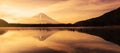 Mount fuji from Shoji lake with fishing boat at sunrise Royalty Free Stock Photo