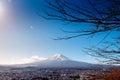 Snow covered Mount Fuji and blue sky winter view from Chureito Pagoda park in Shimoyoshida - Fujiyoshida Royalty Free Stock Photo