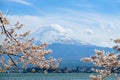 Mount Fuji with snow capped, blue sky and beautiful Cherry Blossom or pink Sakura flower tree in Spring Season at Lake kawaguchiko Royalty Free Stock Photo